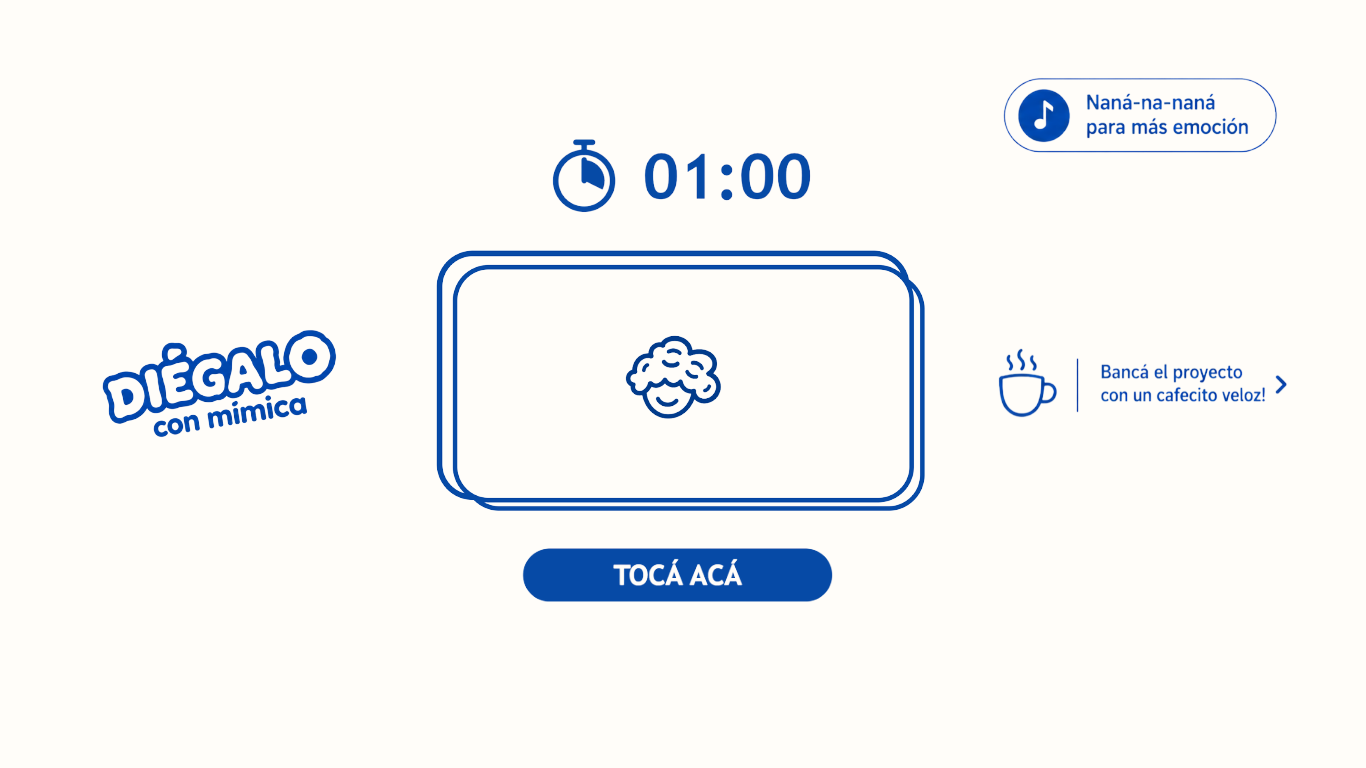 Pantalla de juego con cronómetro, mazo de cartas y botón Tocá acá.